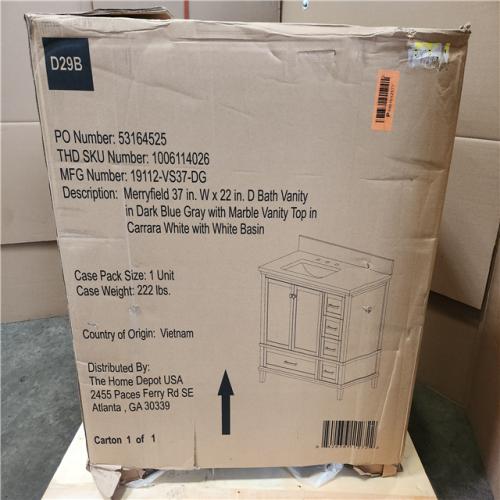 Phenix AS-IS Home Decorators Collection Merryfield 37 in. Single Sink Dark Blue-Grey Bath Vanity with White Carrara Marble Top (Assembled) (Damaged TOP)