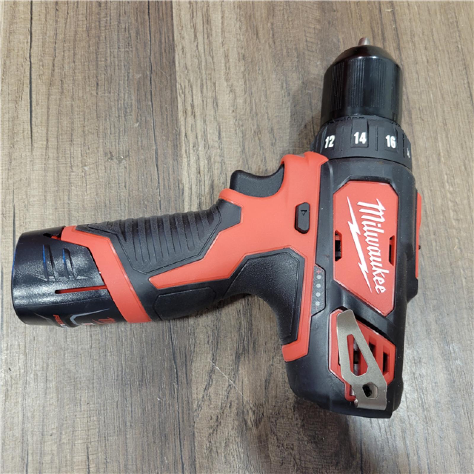 AS-IS MILWAUKEE M12 12V Lithium-Ion Cordless 3/8 in. Drill/Driver Kit with Two 1.5 Ah Batteries, Charger and Tool Bag