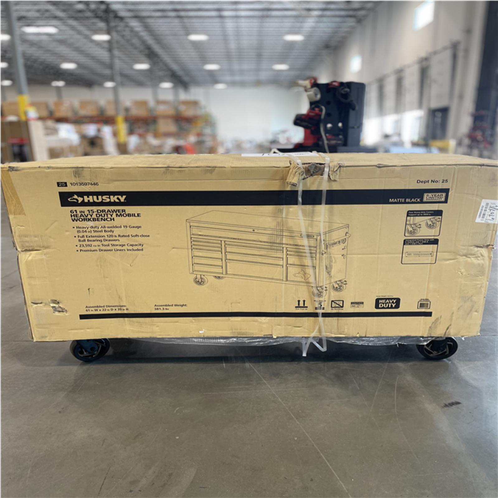 DALLAS LOCATION- AS-IS HUSKY 61 in. W x 22 in. D 15-Drawer Matte Black Mobile Workbench Cabinet with Solid Wood Top