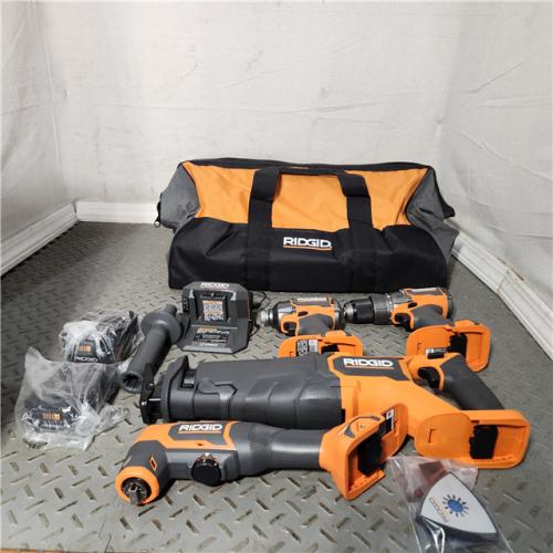 HOUSTON Location-AS-IS-RIDGID 18V Brushless Cordless 4-Tool Combo Kit with (1) 4.0 Ah and (1) 2.0 Ah MAX Output Batteries, 18V Charger, and Tool Bag APPEARS IN NEW! Condition