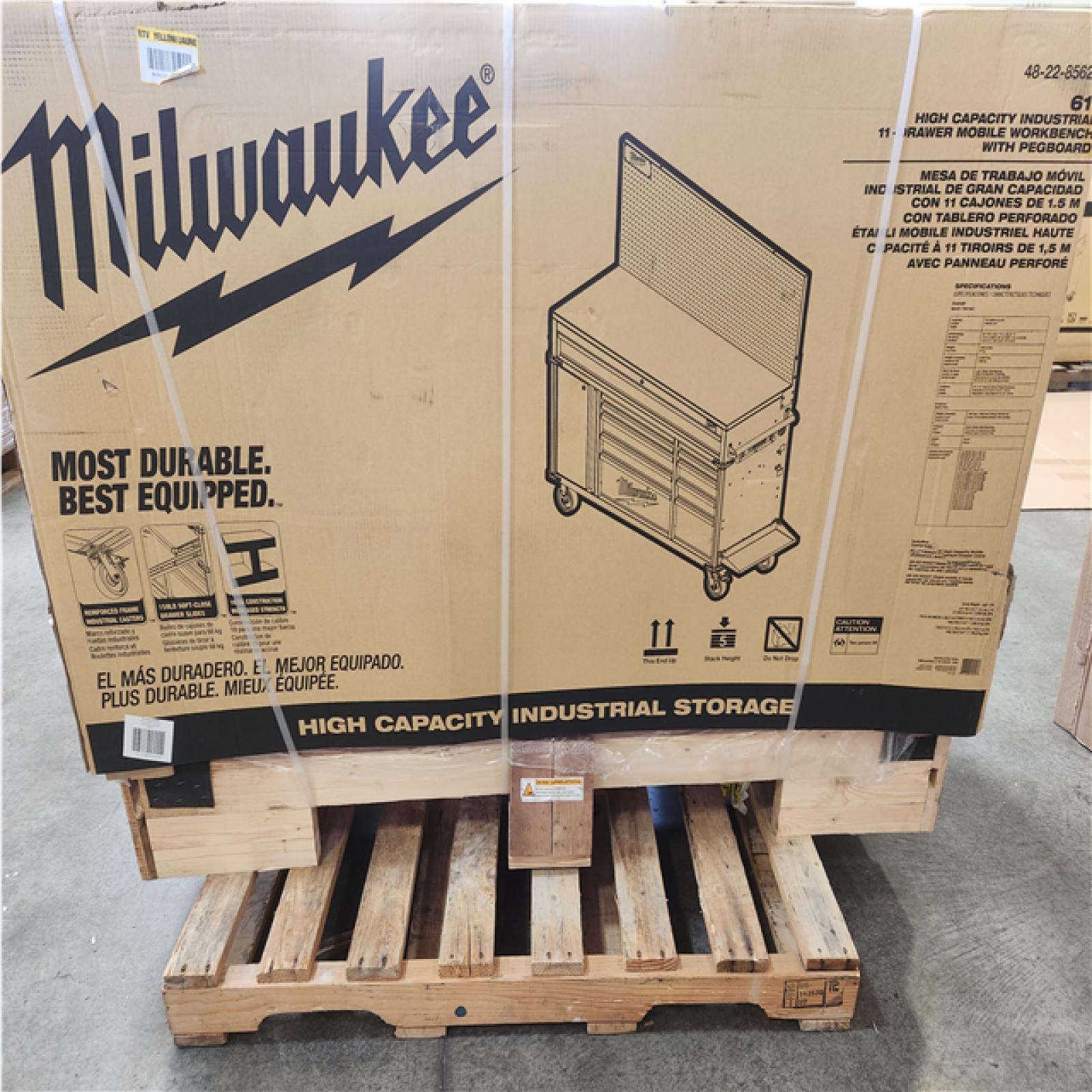 Phoenix NEW Milwaukee High Capacity 61 in. W x 22.1 in D 11-Drawer Mobile Workbench Cabinet with Solid Wood Top and Pegboard
