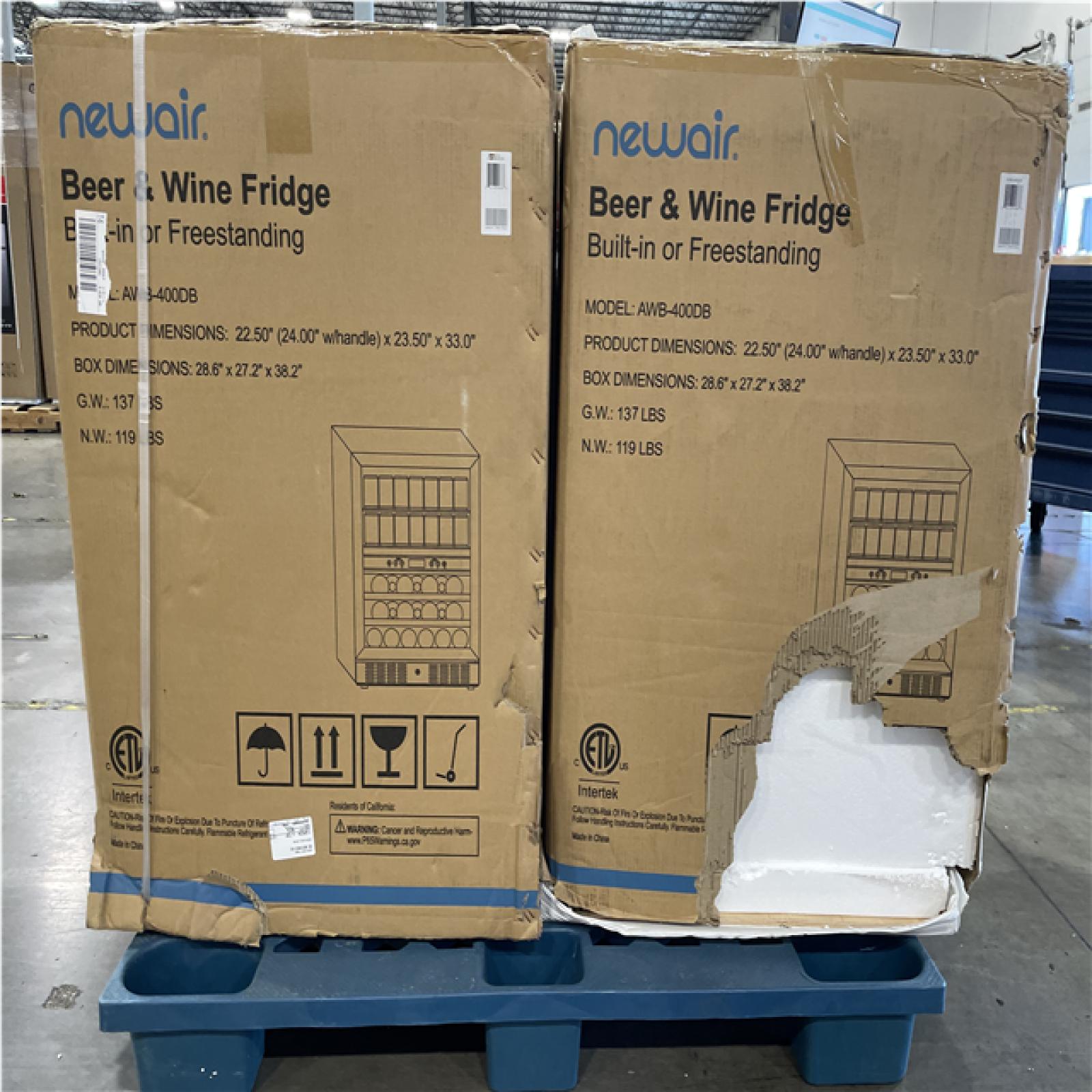 DALLAS LOCATION- NewAir Premium 24 in. Dual Zone 20 Wine Bottles and 70 Cans Beverage and Wine Cooler w/ Customizable Shelves in Stainless Steel PALLET-(2 UNITS)