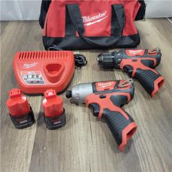 AS-IS Milwaukee 2494-22 M12 Cordless Combination 3/8  Drill / Driver and 1/4  Hex Impact Driver Dual Power Tool Kit (2 Lithium Ion Batteries  Charger  and B