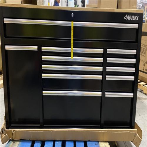 DALLAS LOCATION - Husky 62 in. W x 20 in. D 12-Drawer Gloss Black Mobile Workbench Cabinet with Solid Wood Top and Power Drawer