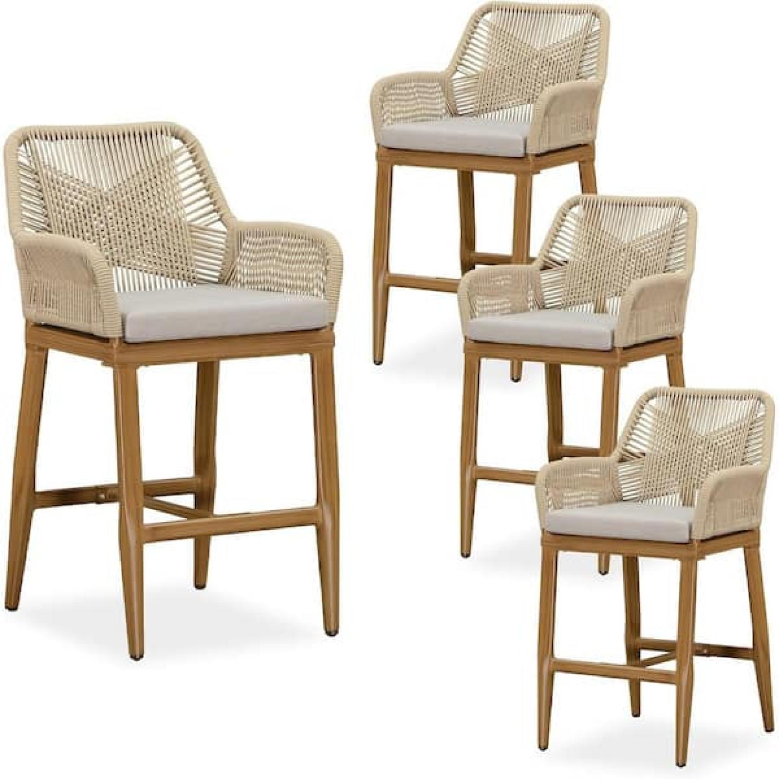 Phoenix NEW PURPLE LEAF Modern Aluminum Rattan Counter Height Outdoor Bar Stool with Back and Beige Cushion (4-Pack)