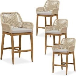 Phoenix NEW PURPLE LEAF Modern Aluminum Rattan Counter Height Outdoor Bar Stool with Back and Beige Cushion (4-Pack)