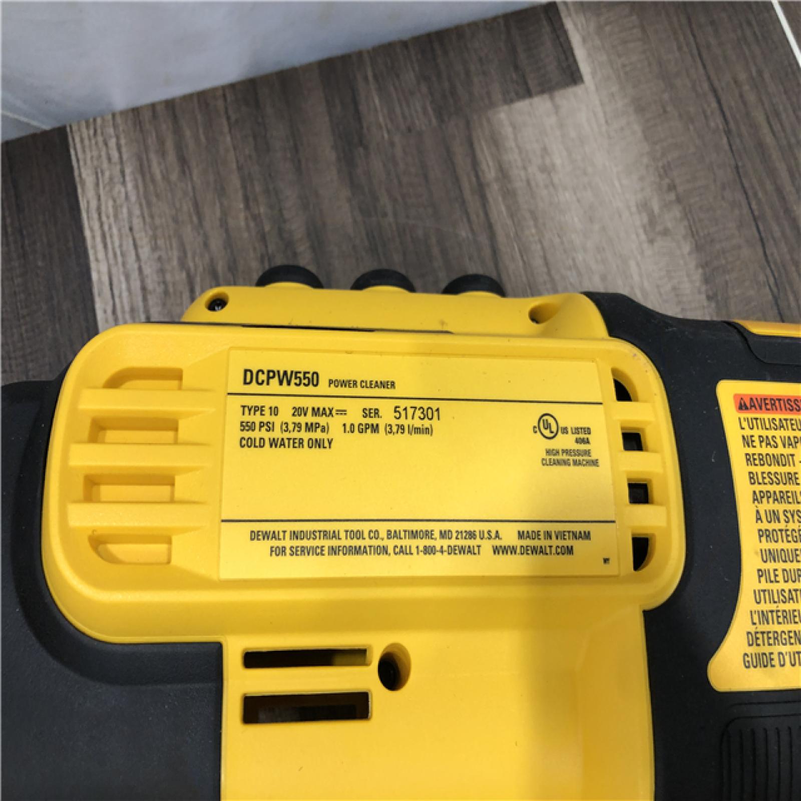 AS-IS  DEWALT 20V MAX 550 PSI 1.0 GPM Cold Water Cordless Battery Power Cleaner with 4-Nozzles (Tool Only)