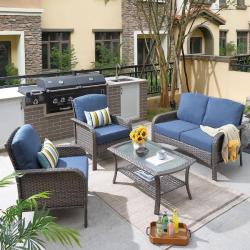 Phoenix Toject Denali Gray 4-Piece 4-Seat Wicker Modern Outdoor Patio Conversation Sofa Seating Set with Denim Blue Cushions