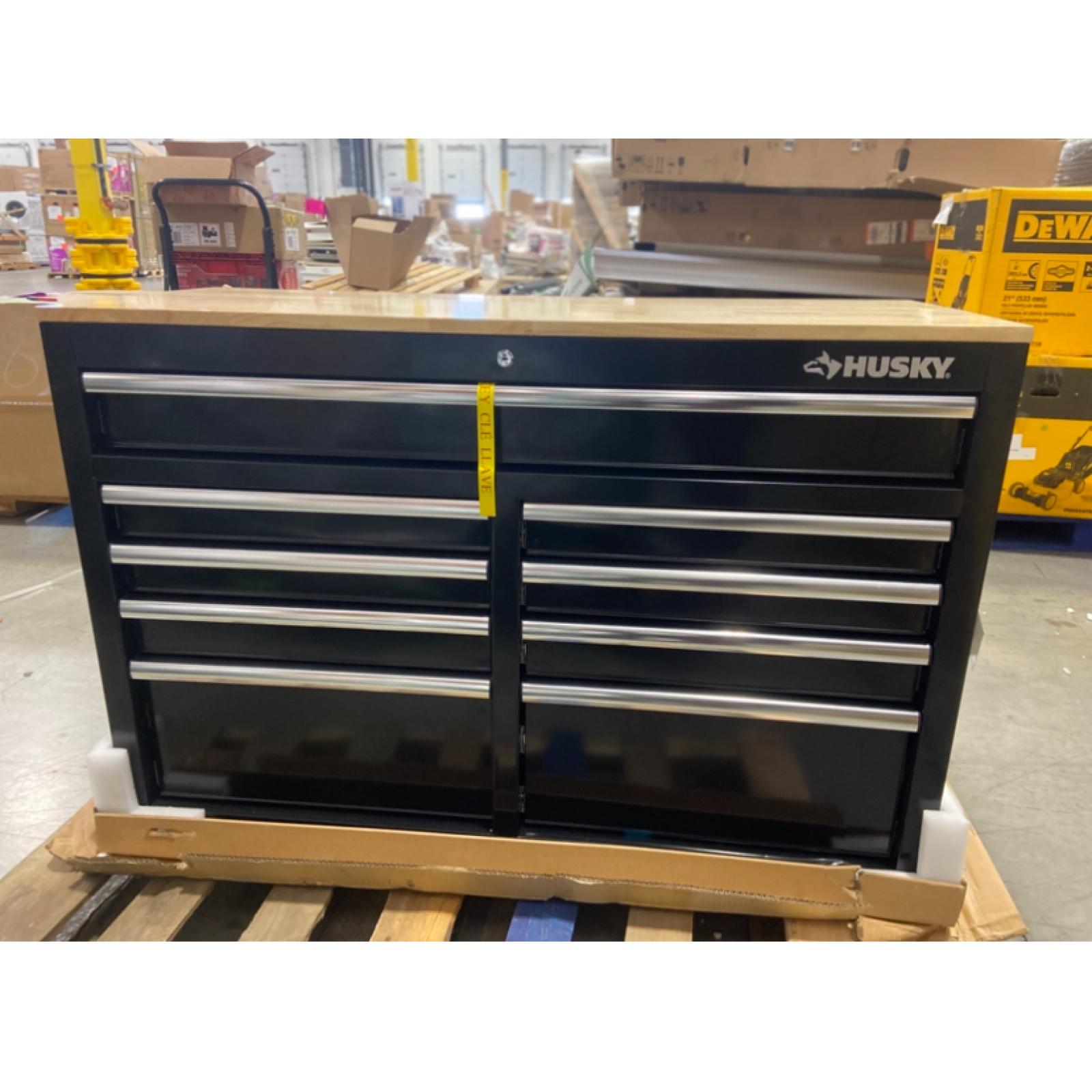 DALLAS LOCATION - Husky Tool Storage 46 in. W x 18 in. D 9-Drawer Mobile Workbench Cabinet in Gloss Black