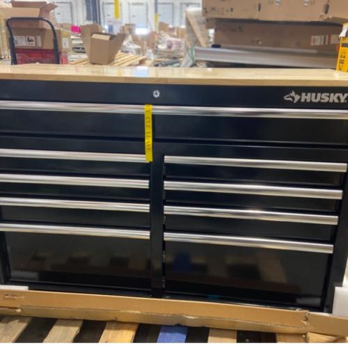 DALLAS LOCATION - Husky Tool Storage 46 in. W x 18 in. D 9-Drawer Mobile Workbench Cabinet in Gloss Black