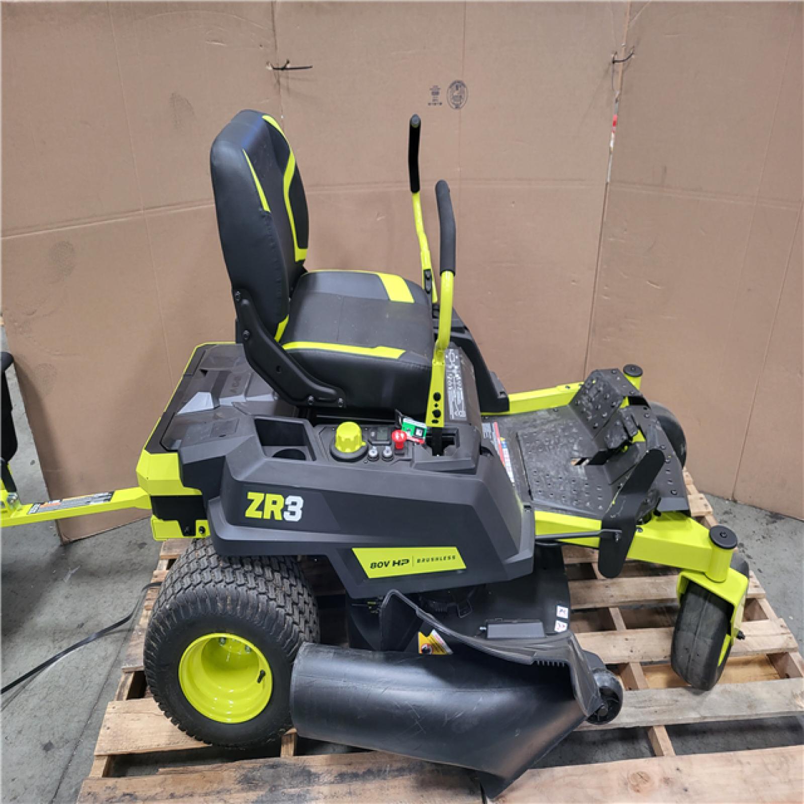 CALIFORNIA AS-IS RYOBI ZE3 80V HP BRUSHLESS BATTERY CORDLESS ELECTRIC 42 IN. ZERO TURN RIDING LAWN MOWER W TRAILER ATTACHMENT AND BAGGER