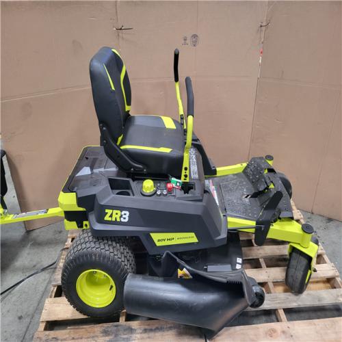 CALIFORNIA AS-IS RYOBI ZE3 80V HP BRUSHLESS BATTERY CORDLESS ELECTRIC 42 IN. ZERO TURN RIDING LAWN MOWER W TRAILER ATTACHMENT AND BAGGER
