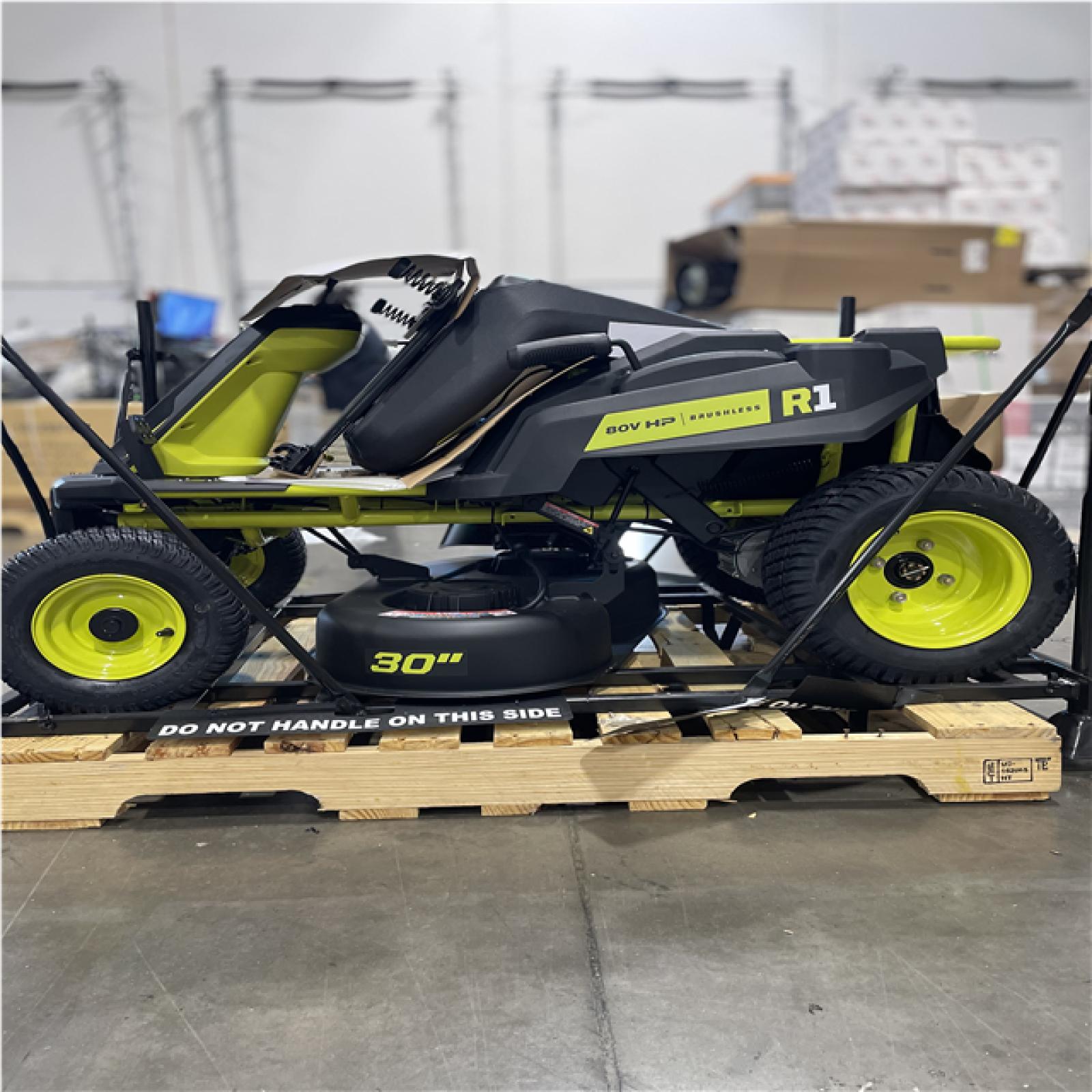 DALLAS LOCATION- AS-IS RYOBI R1 80V HP Electric 30 in. Riding Lawn Mower with 14 Ah Battery and Charger