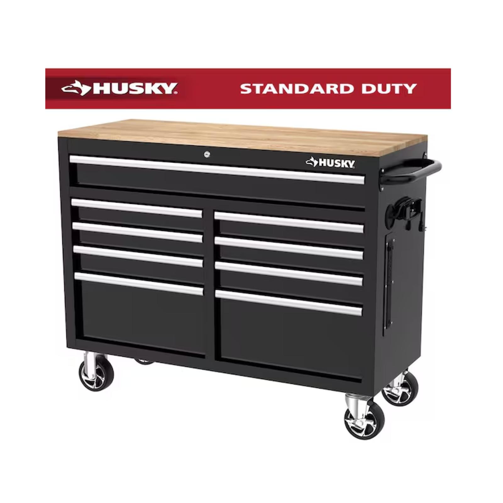 DALLAS LOCATION - Husky Tool Storage 46 in. W x 18 in. D 9-Drawer Mobile Workbench Cabinet in Gloss Black