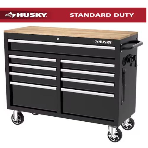 DALLAS LOCATION - Husky Tool Storage 46 in. W x 18 in. D 9-Drawer Mobile Workbench Cabinet in Gloss Black