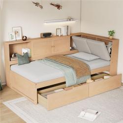Phoenix NEW Harper & Bright Designs Natural Twin Daybed with Storage Bookcase  Linen Upholstered Hidden Storage Headboard  USB Charging  2 Drawers