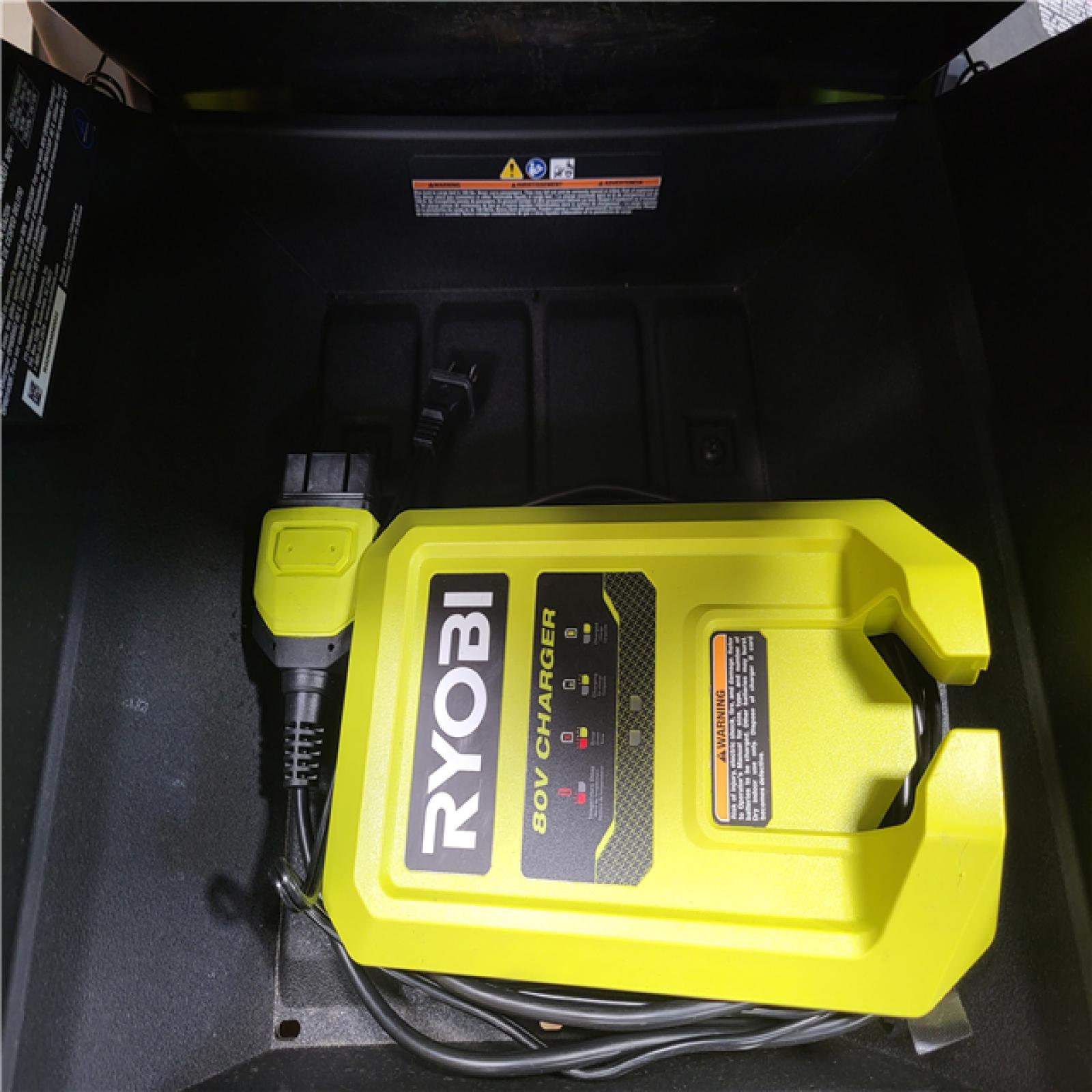 CALIFORNIA AS-IS RYOBI R1 80 HP BRUSHLESS LITHIUM BATTERY CORLESS ELETRIC 30 IN. RIDING LAWN MOWER W/ CHARGER