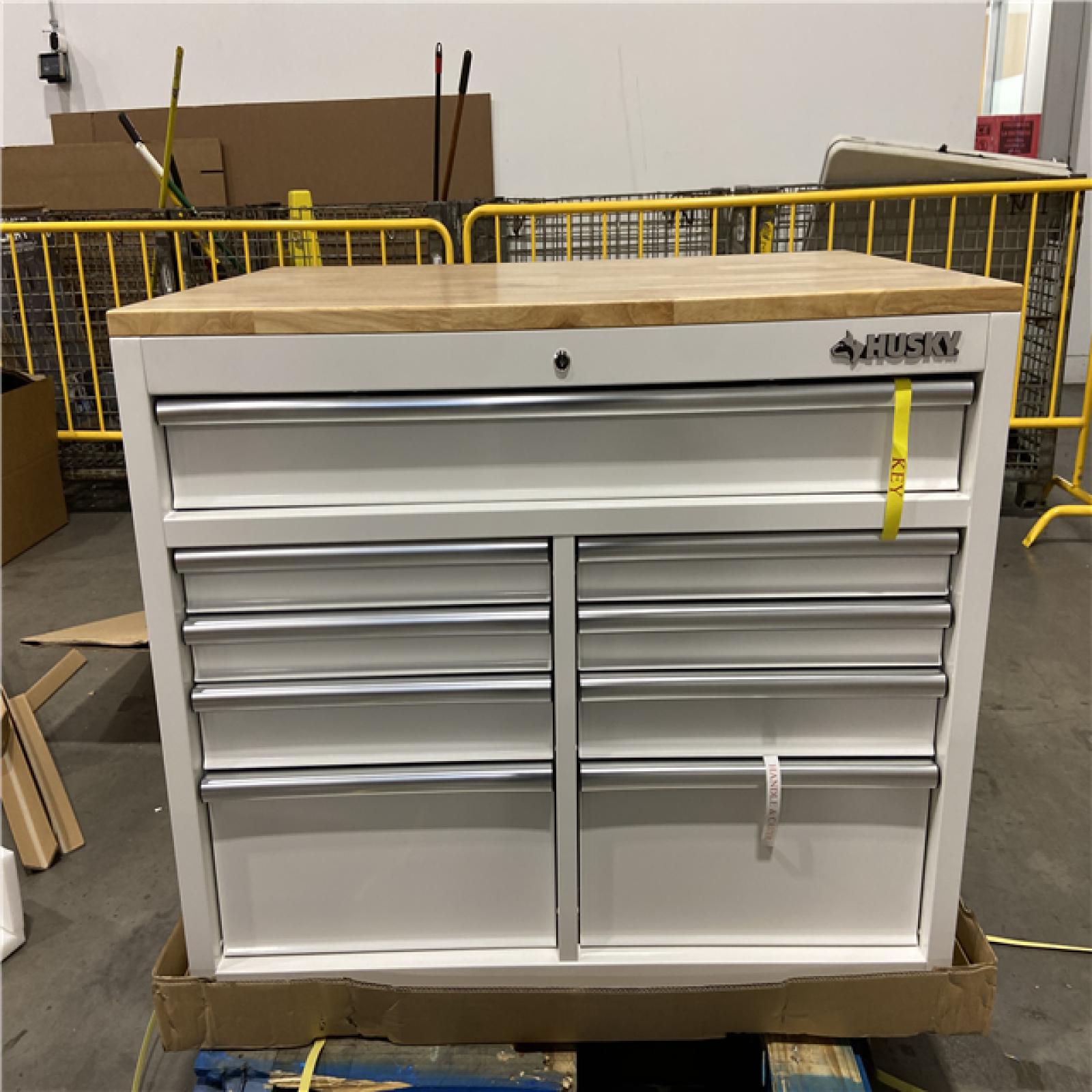 DALLAS LOCATION - Husky Tool Storage 46 in. W x 51 in. D Standard Duty Gloss White Mobile Workbench Cabinet with Solid Wood Top