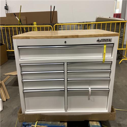 DALLAS LOCATION - Husky Tool Storage 46 in. W x 51 in. D Standard Duty Gloss White Mobile Workbench Cabinet with Solid Wood Top