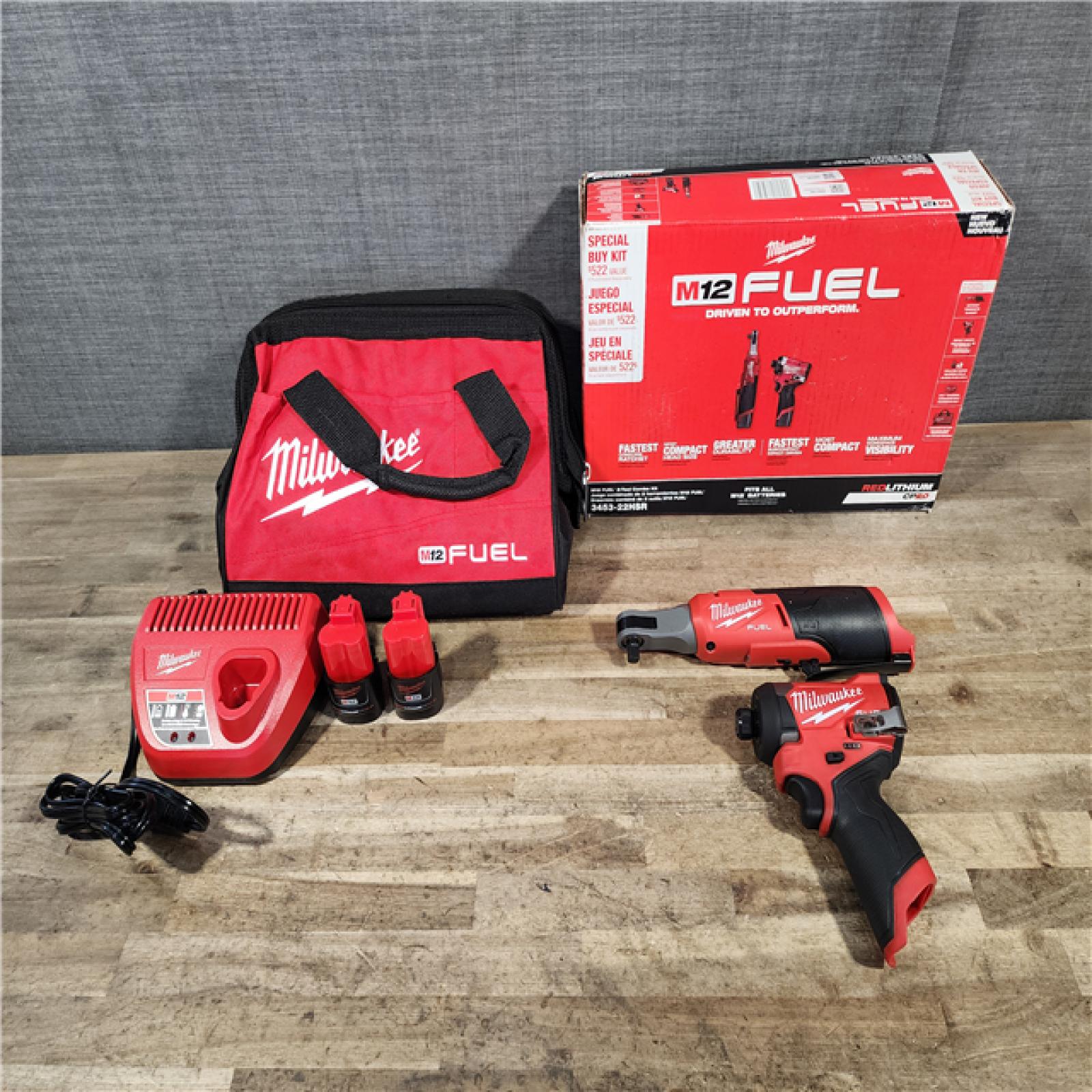 HOUSTON LOCATION - AS-IS Milwaukee FUEL 12V Lithium-Ion Cordless 3/8 in. Ratchet and 1/4 in. Impact Driver Kit