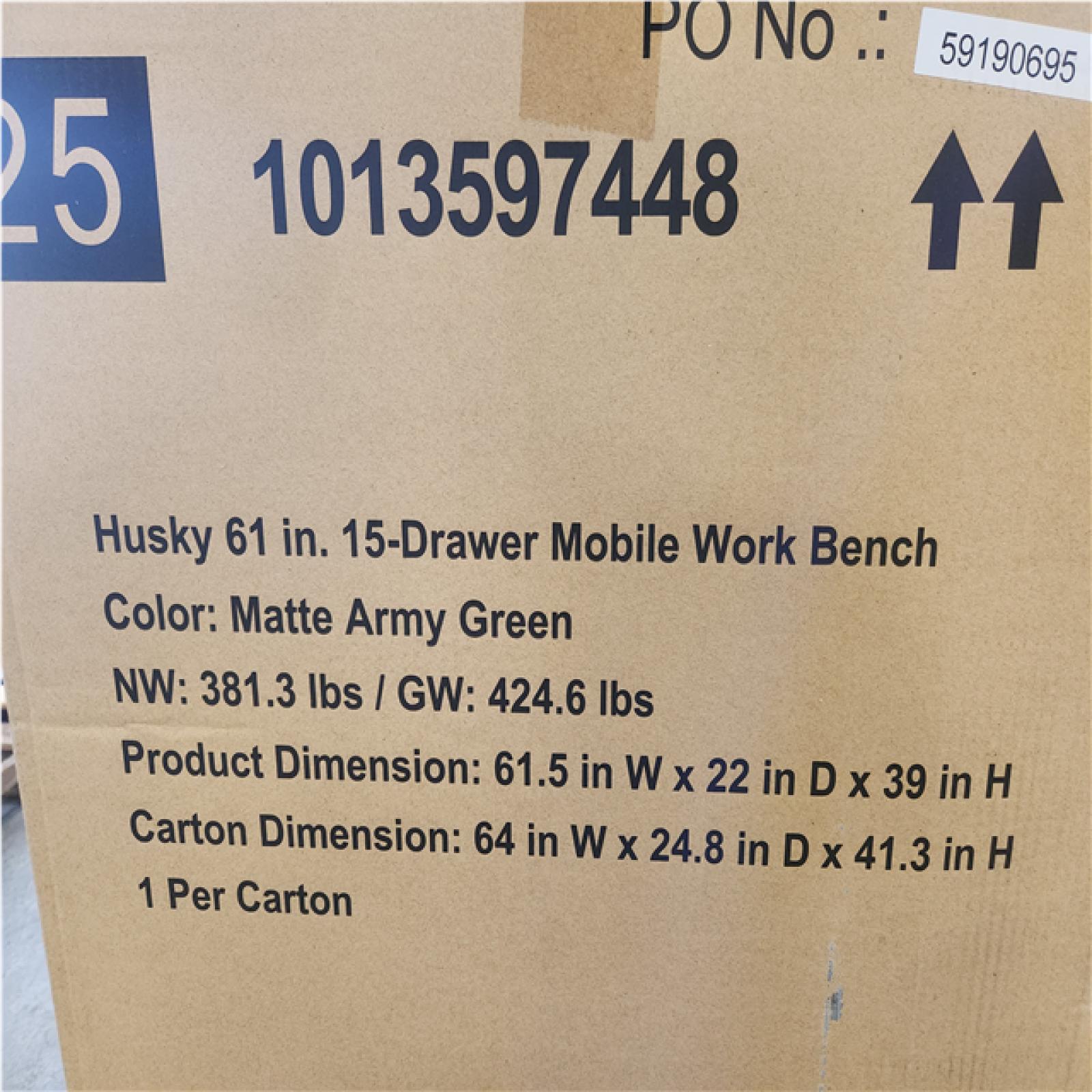 Phoenix NEW Husky Heavy Duty 61 in. W x 22 in. D 15-Drawer Matte Army Green Mobile Workbench Cabinet with Solid Wood Top