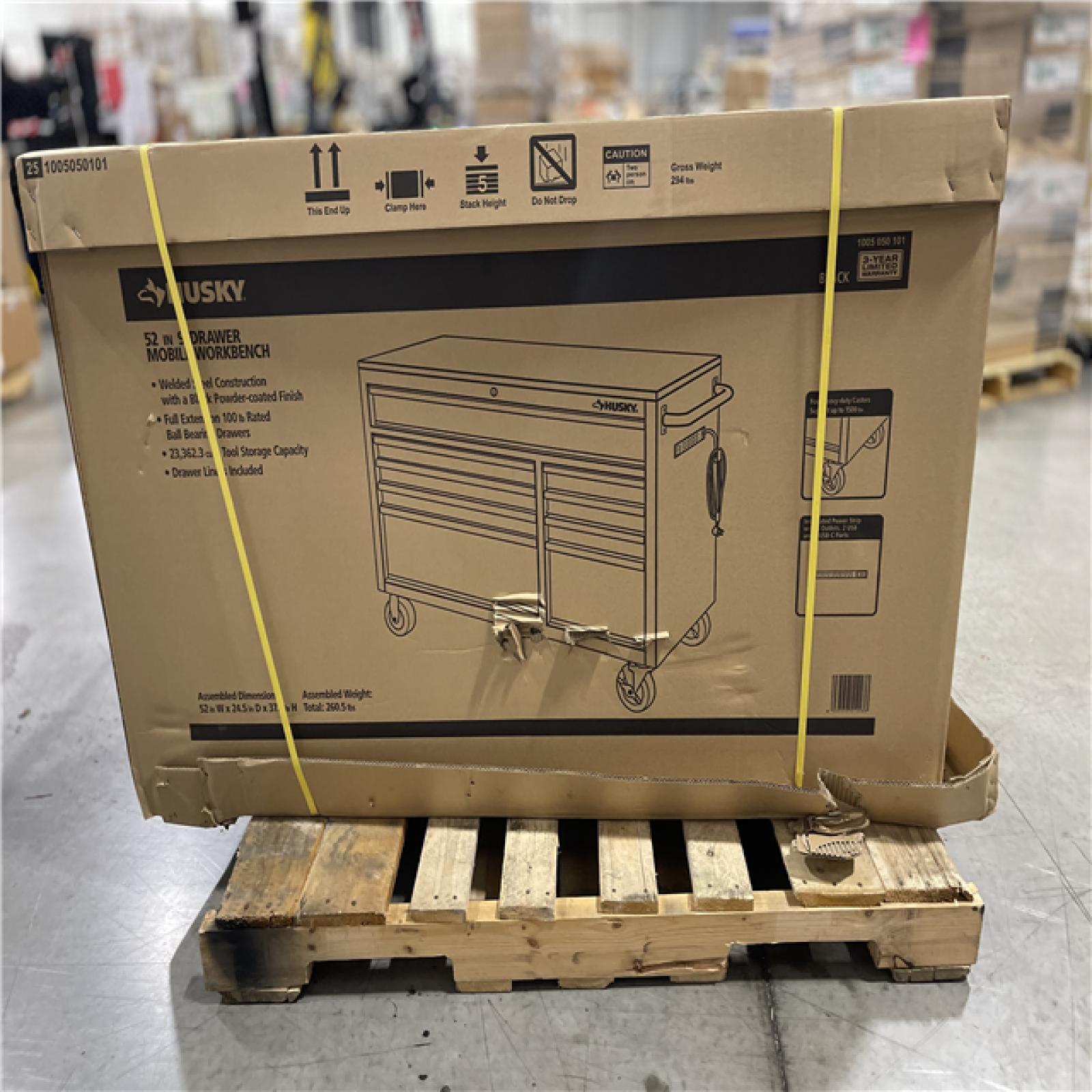 DALLAS LOCATION - Husky 52 in. W x 25 in. D Standard Duty 9-Drawer Mobile Workbench Tool Chest with Solid Wood Top in Gloss Black