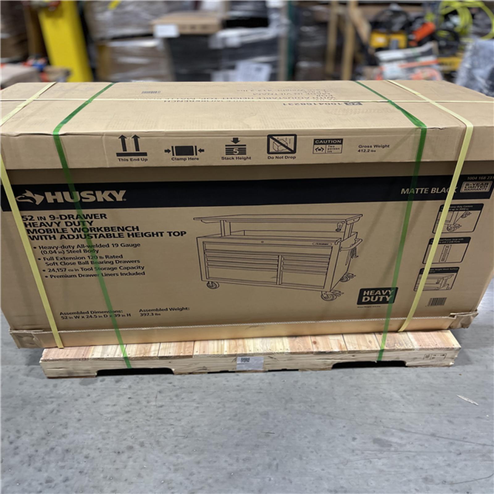 DALLAS LOCATION - Husky 52 in. W x 25 in. D Heavy Duty 9-Drawer Mobile Workbench Cabinet with Adjustable-Height Hardwood Top in Matte Black