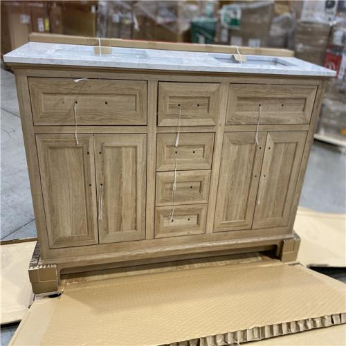 DALLAS LOCATION -   Home Decorators Collection Doveton 60 in. Double Sink Freestanding Weathered Tan Bath Vanity with White Engineered Marble