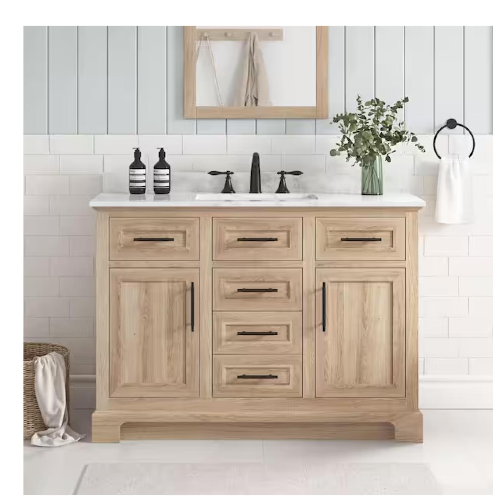 DALLAS LOCATION - Home Decorators Collection Doveton 48 in. Single Sink Freestanding Weathered Tan Bath Vanity with White Engineered Marble Top (Assembled)