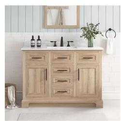 DALLAS LOCATION - Home Decorators Collection Doveton 48 in. Single Sink Freestanding Weathered Tan Bath Vanity with White Engineered Marble Top (Assembled)