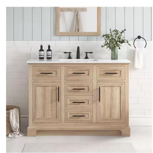 DALLAS LOCATION - Home Decorators Collection Doveton 48 in. Single Sink Freestanding Weathered Tan Bath Vanity with White Engineered Marble Top (Assembled)