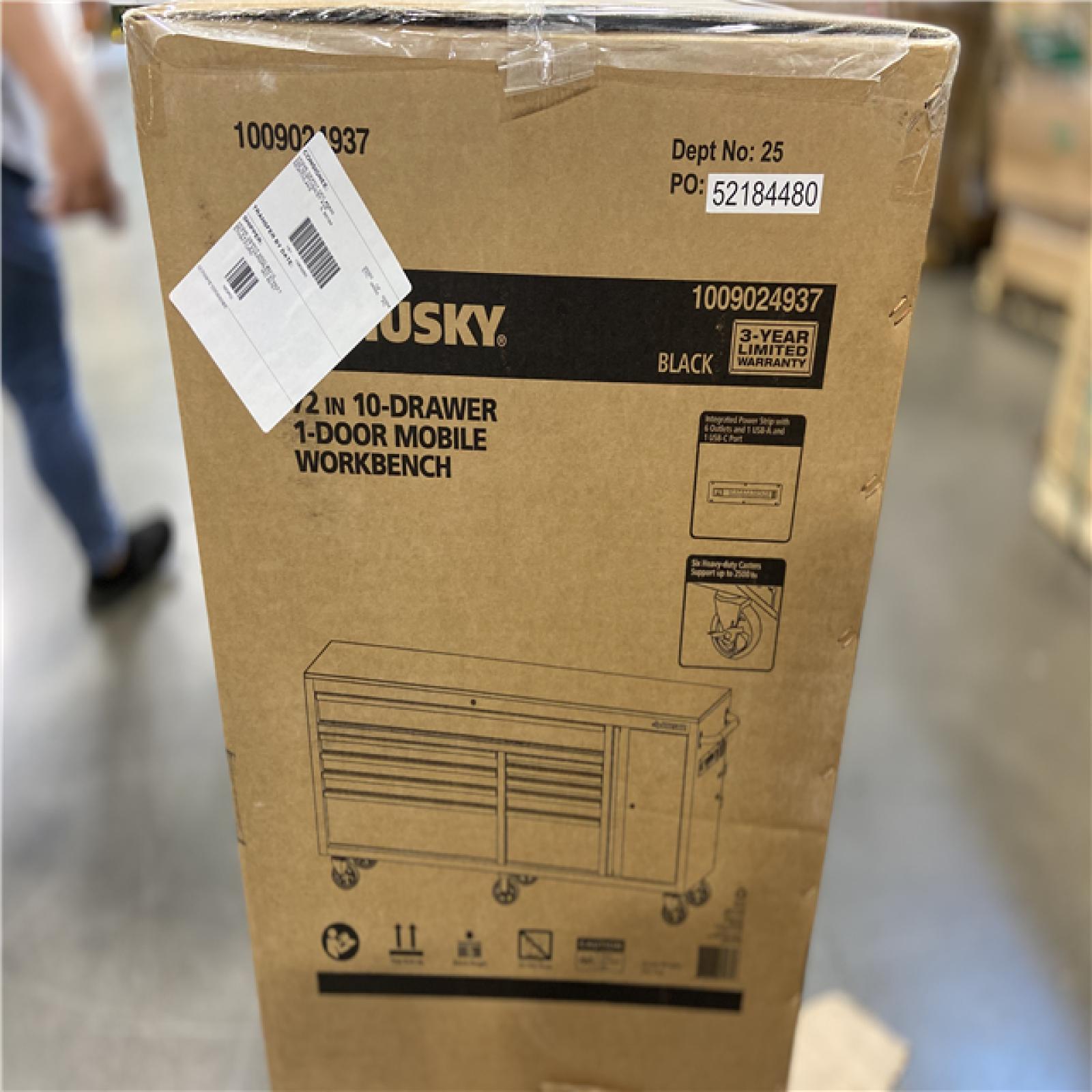 DALLAS LOCATION -  Husky Standard Duty 72 in. W x 20 in. D 10-Drawer Black Mobile Workbench Cabinet with Solid Wood Top
