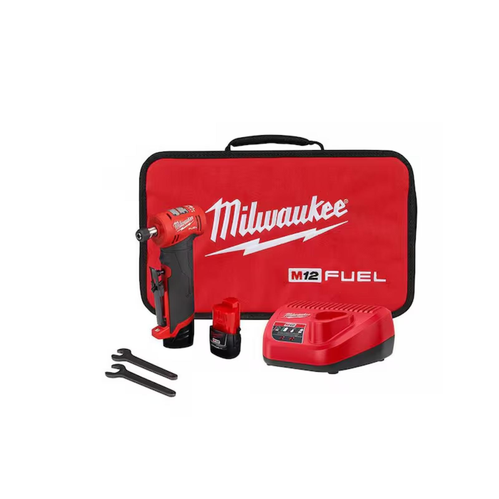 NEW! - Milwaukee M12 FUEL 12V Lithium-Ion Brushless Cordless 1/4 in. Right Angle Die Grinder Kit w/ (2) 2.0Ah Batteries