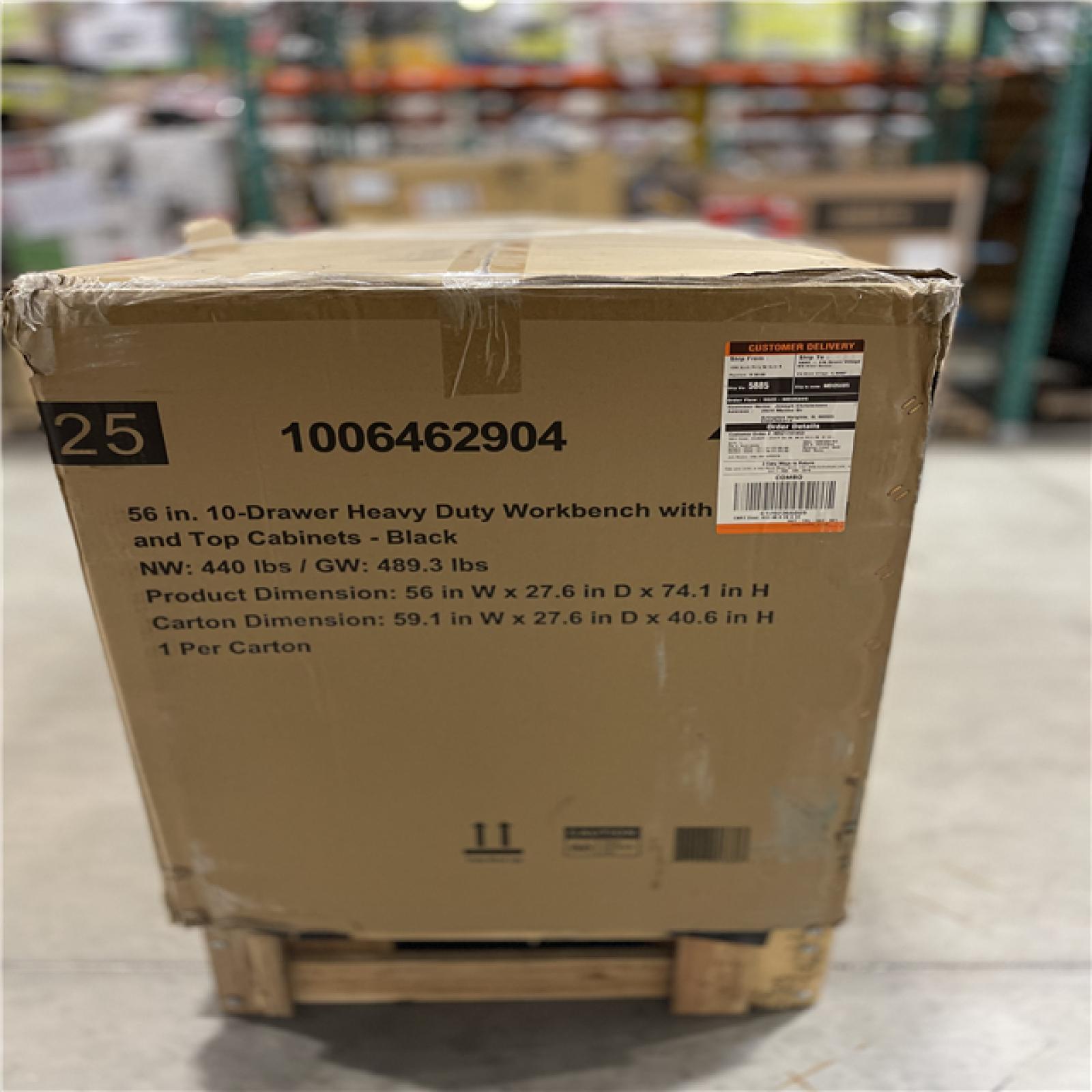 DALLAS LOCATION - Husky 56 in. W x 27.6 in. D 10-Drawer Matte Black Heavy-Duty Mobile Workbench with Pegboard and Top Cabinets