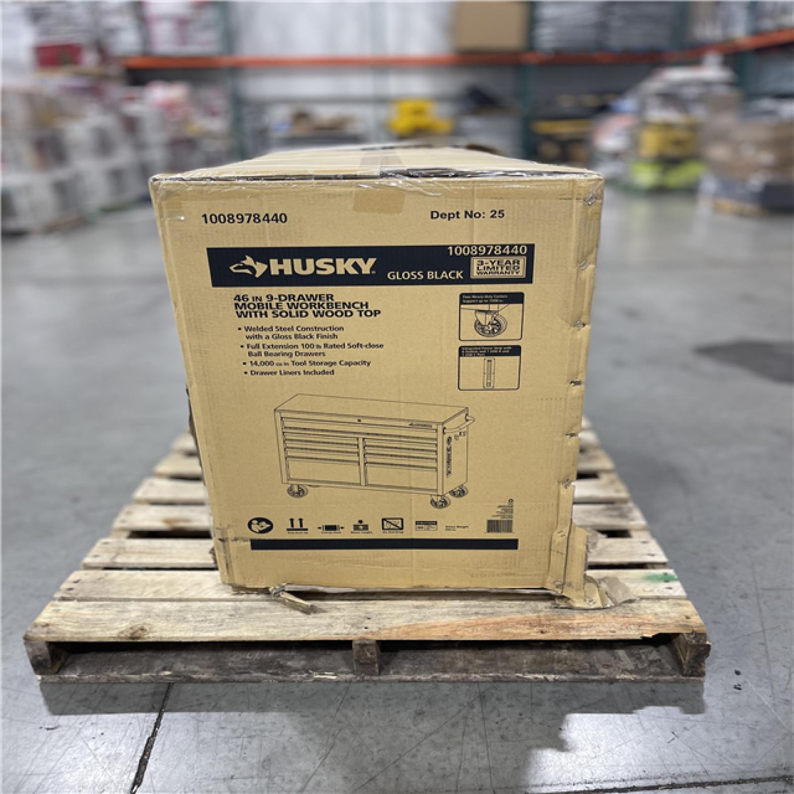 DALLAS LOCATION - Husky Tool Storage 46 in. W x 18 in. D 9-Drawer Mobile Workbench Cabinet in Gloss Black