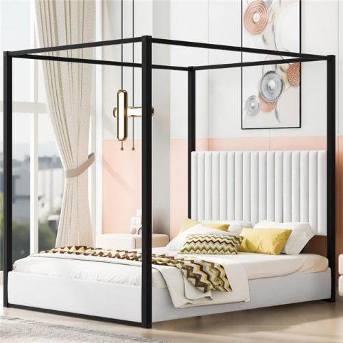 Phoenix LIKE NEW Harper & Bright Designs Channel-Tufted Black and White Metal Frame Queen Size Velvet Upholstery Canopy Bed with Foam-Filled Headboard