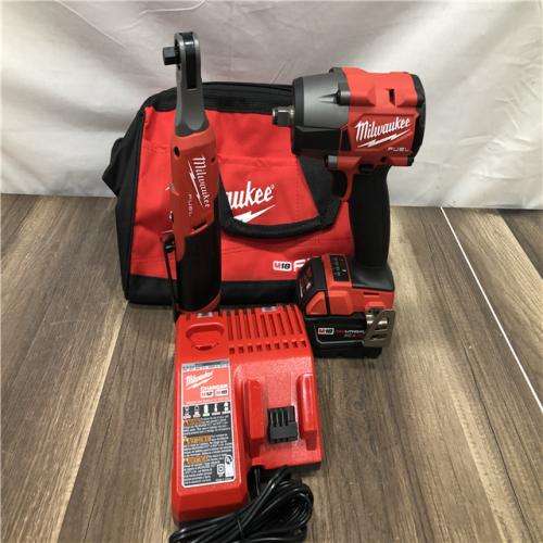 AS-IS Milwaukee FUEL 18V Cordless Mid Torque 1/2 in. Impact Wrench w/ M12 FUEL 3/8 in. Ratchet & Battery/Charger Combo Kit
