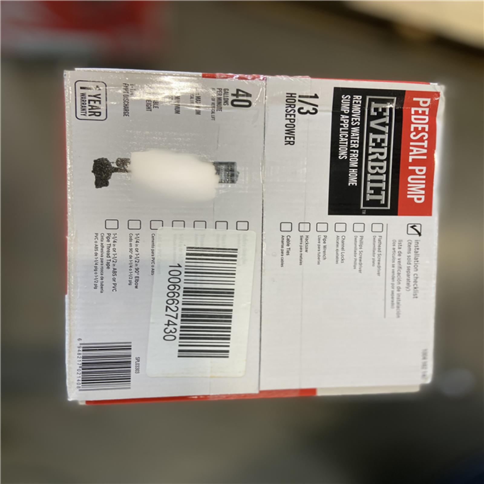 NEW! - Everbilt 1/3 HP Plastic Pedestal Sump Pump