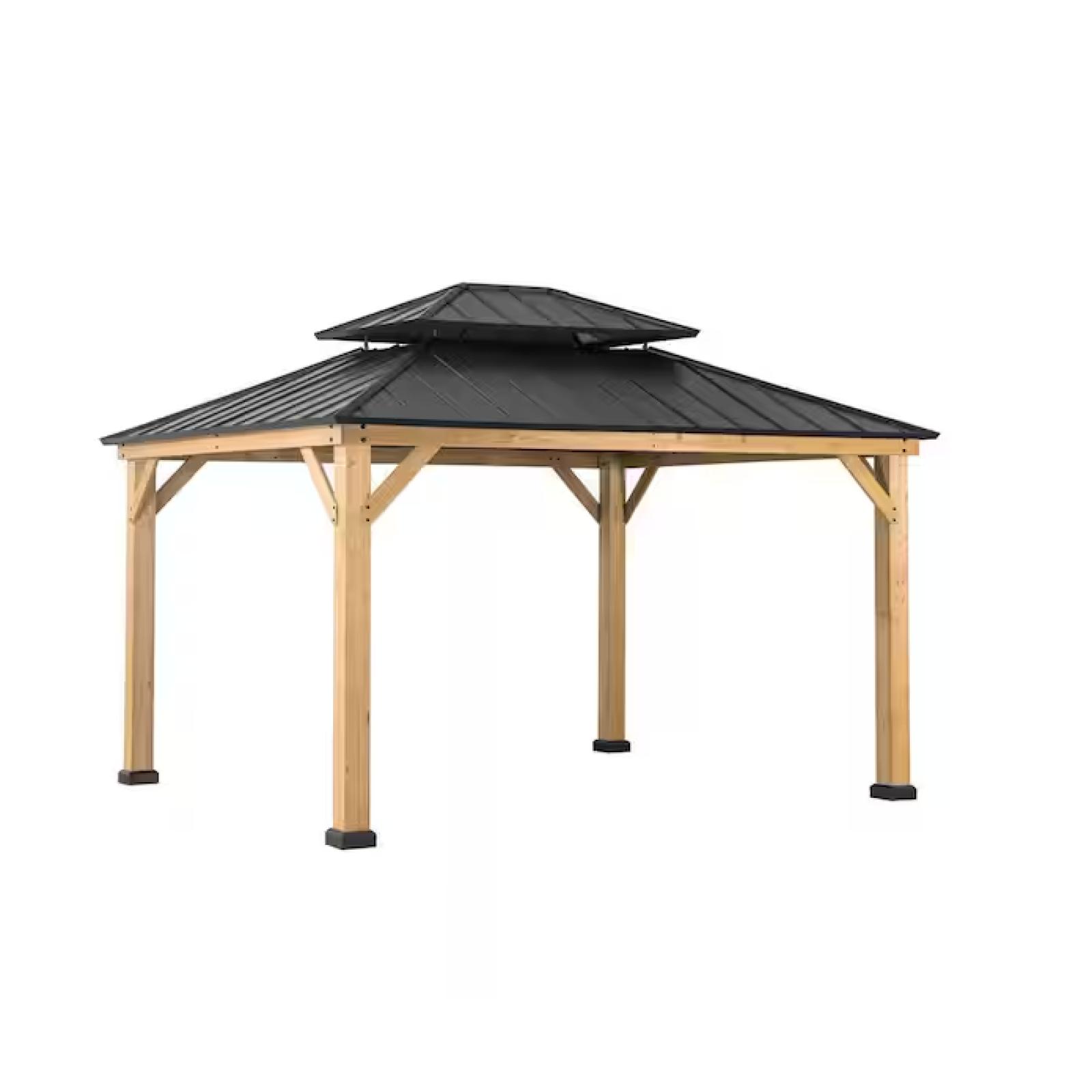 DALLAS LOCATION - Hampton Bay Crownhill 13 ft. x 11 ft. Hardtop Gazebo with Wood Posts