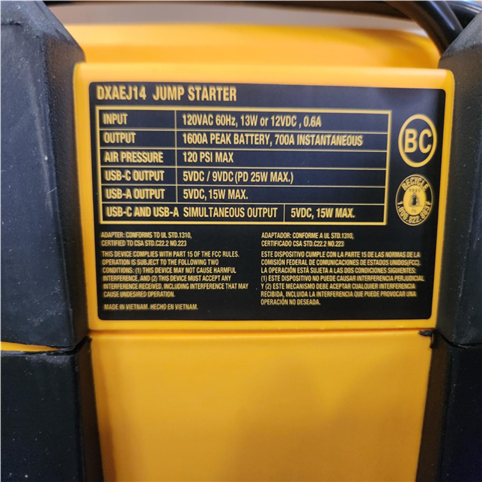 Phoenix NEW DEWALT 1600-Peak Amp Portable Jump Starter with Digital Compressor and USB Power Bank - DXAEJ14