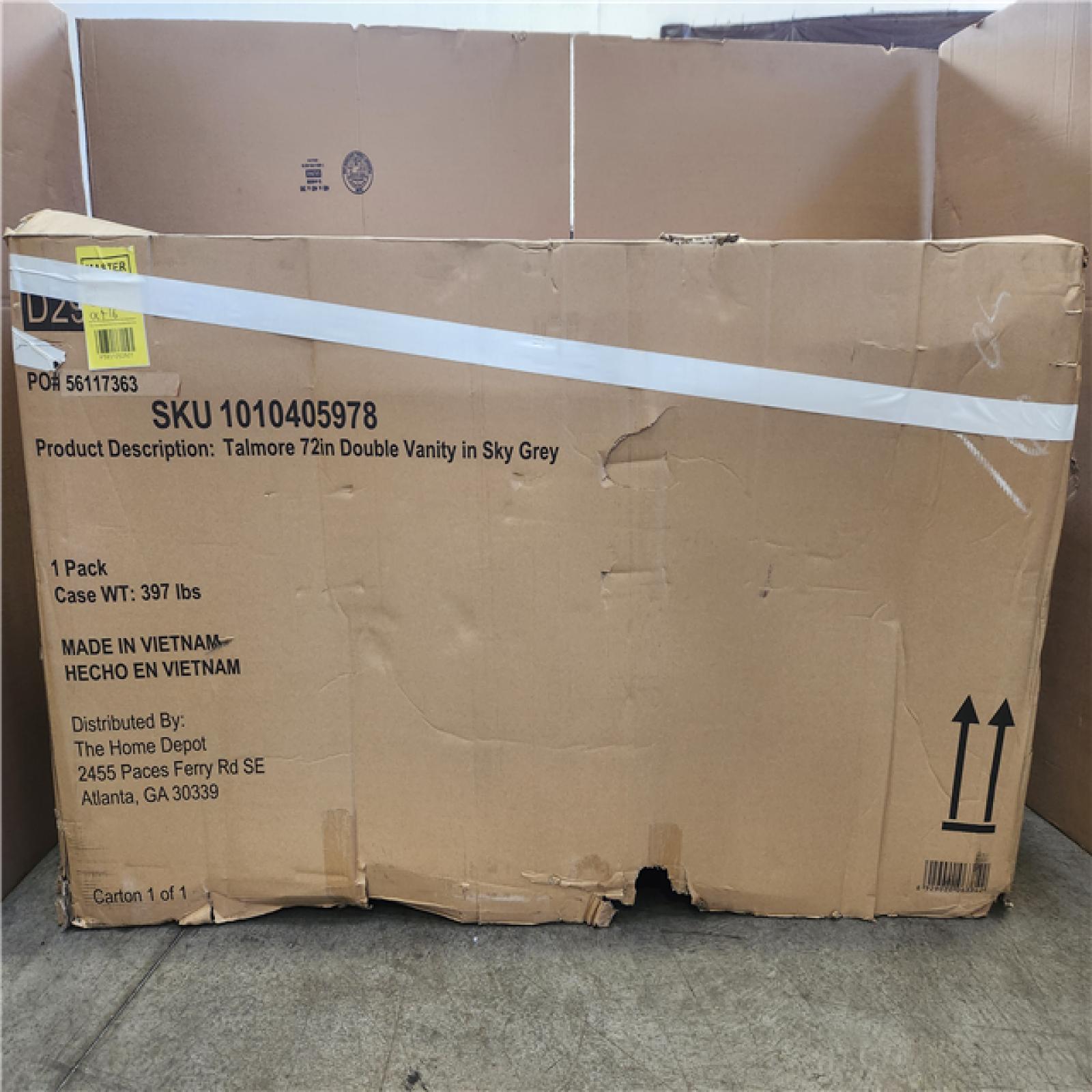 Phoenix AS-IS Home Decorators Collection Talmore 72 in. Double Sink Sky Grey Bath Vanity with White Engineered Carrara Marble Top (Assembled) (Cracked Top)