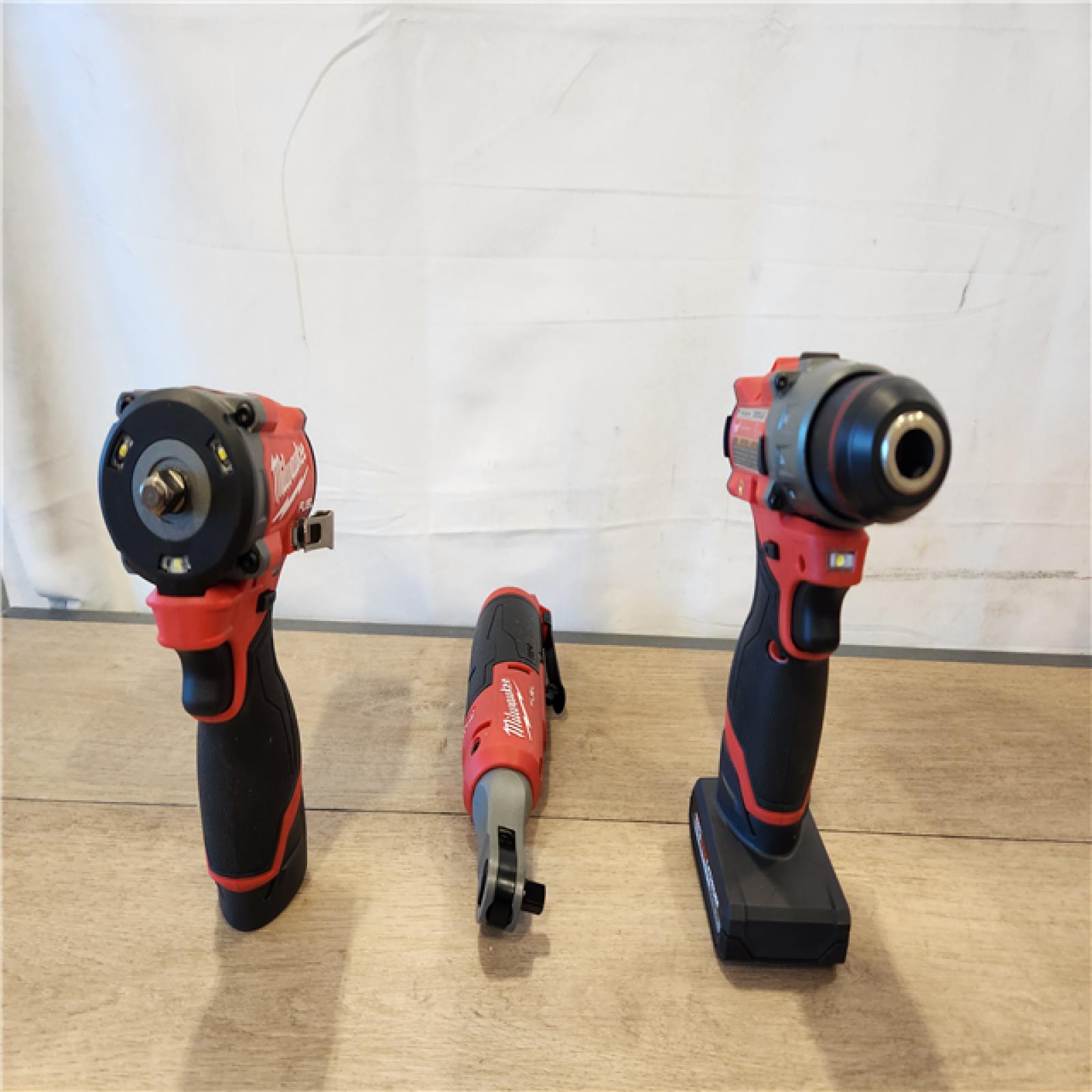 AS-IS- M12 FUEL 12V Lithium-Ion Cordless Drill Driver  Impact Wrench  and Ratchet Combo Kit (3-Tool) W/Batteries  Charger & Bag