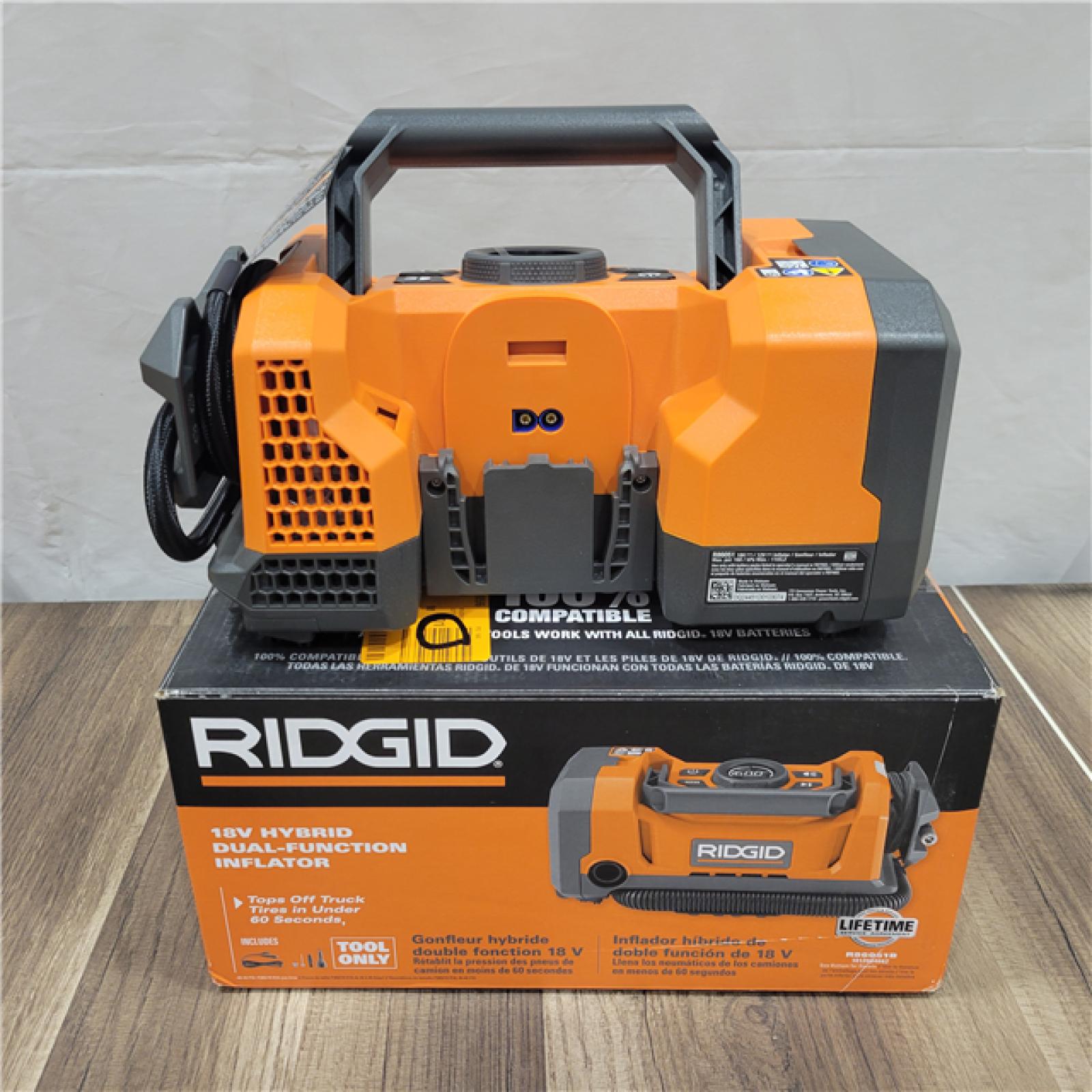 GOOD RIDGID 18V Dual Function Cordless Inflator (Tool Only) with Valve Adaptor, Needle, (2) Nozzles, and 12V Power Cord