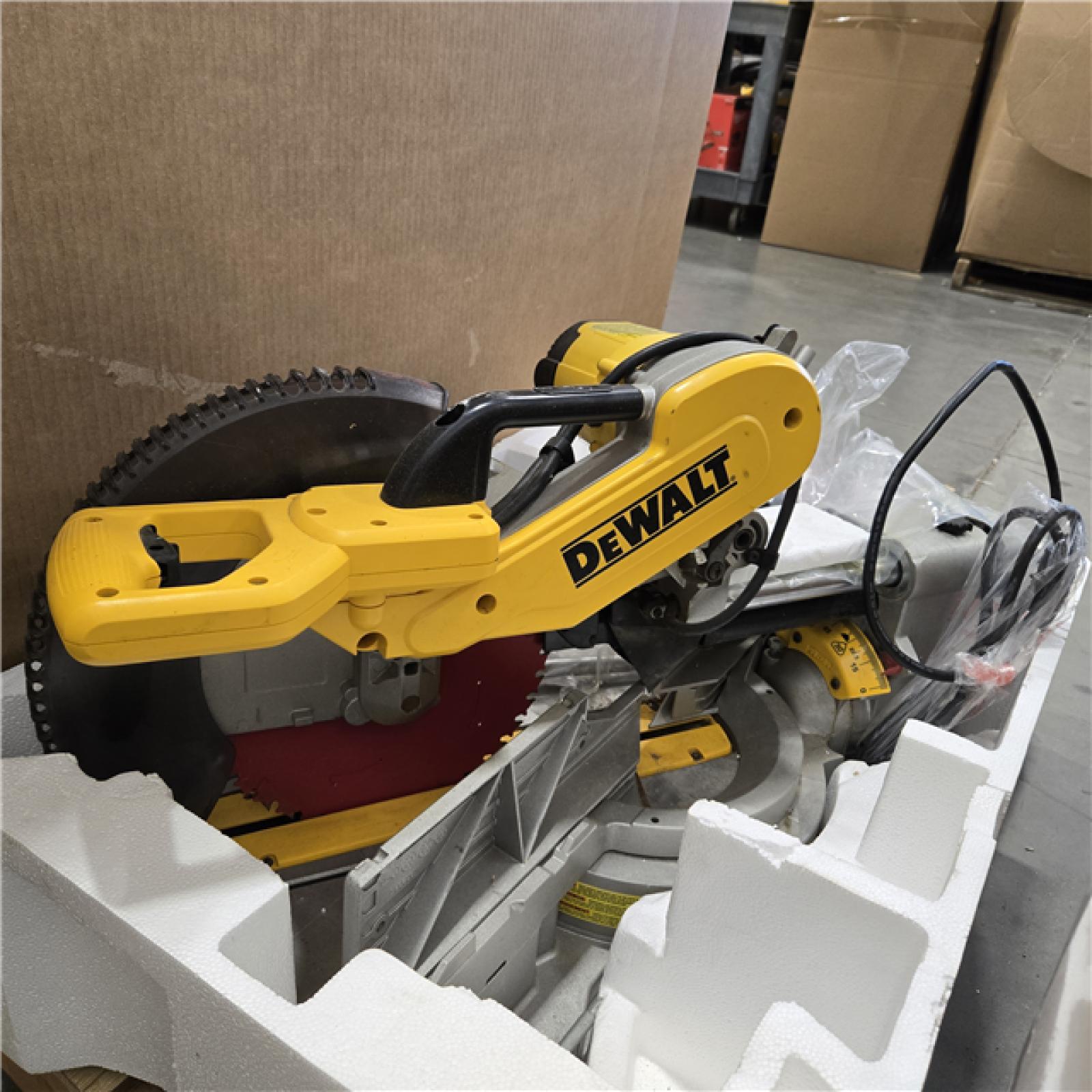 AS-IS DEWALT 15 Amp Corded 12 in. Double Bevel Sliding Compound Miter Saw, Blade Wrench and Material Clamp