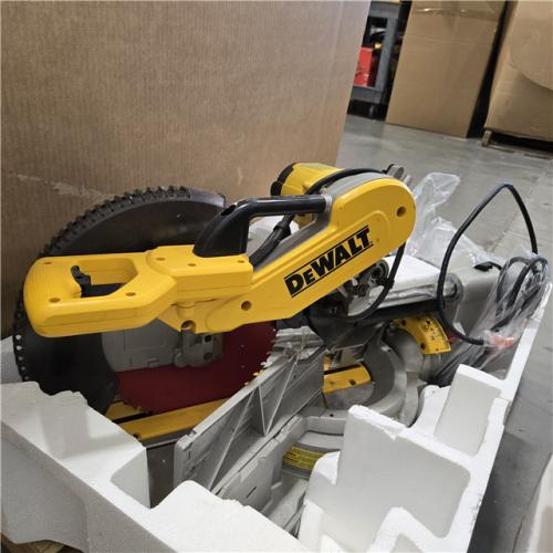 AS-IS DEWALT 15 Amp Corded 12 in. Double Bevel Sliding Compound Miter Saw, Blade Wrench and Material Clamp