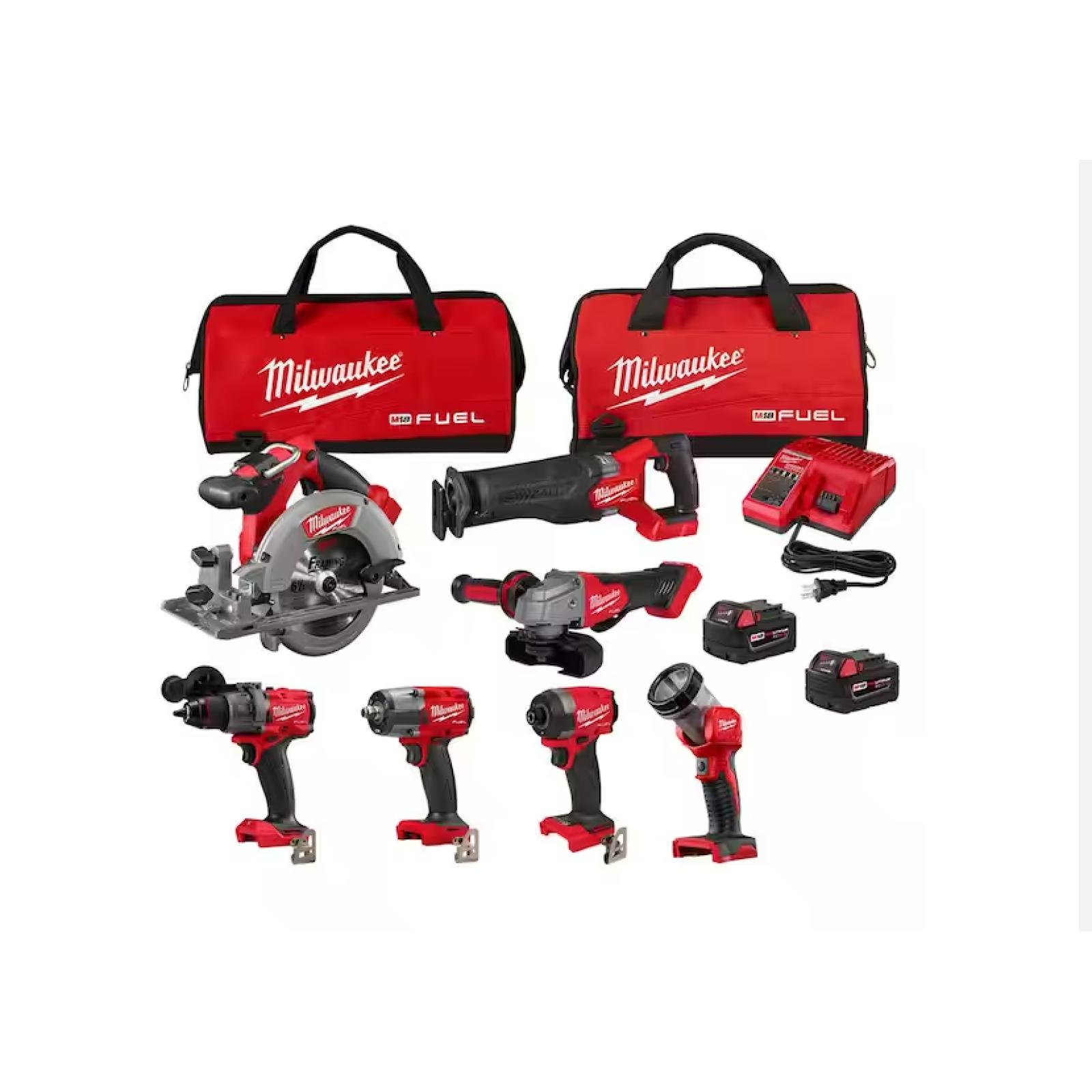 NEW! - Milwaukee M18 FUEL 18V Lithium-Ion Brushless Cordless Combo Kit with Two 5.0 Ah Batteries  1 Charger  2 Tool Bags (7-Tool)