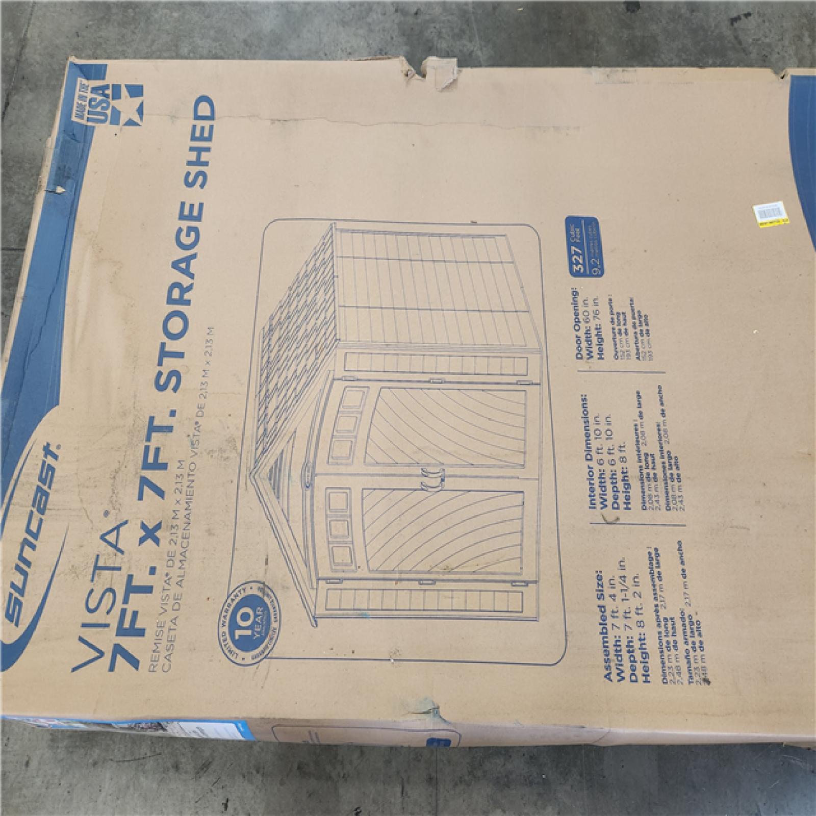 Phoenix AS-IS Suncast Vista 7 ft. W x 7 ft. D Plastic Resin Storage Shed with Floor (50 sq. ft.) in Colonnade (Beige)