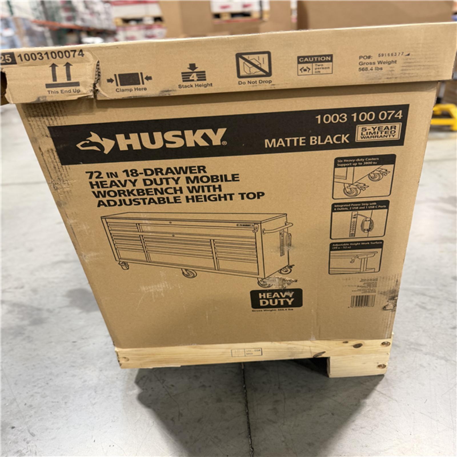 DALLAS LOCATION - Husky 72 in. W x 24 in. D Heavy Duty 18-Drawer Mobile Workbench Cabinet with Adjustable-Height Hardwood Top in Matte Black