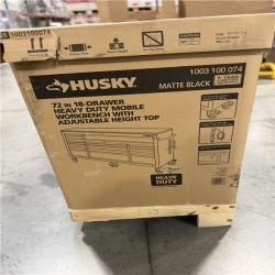 DALLAS LOCATION - Husky 72 in. W x 24 in. D Heavy Duty 18-Drawer Mobile Workbench Cabinet with Adjustable-Height Hardwood Top in Matte Black