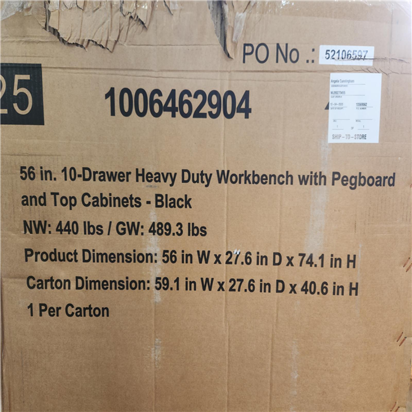 Phoenix NEW Husky 56 in. W x 27.6 in. D 10-Drawer Matte Black Heavy-Duty Mobile Workbench with Pegboard and Top Cabinets